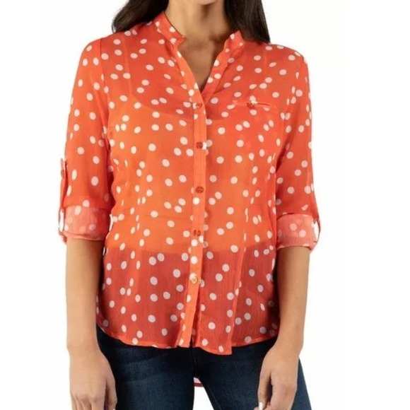 Kut From The Kloth Women's Sheer Jasmine Button-Up Blouse Peach Polka Dot‎ XL - Picture 1 of 7